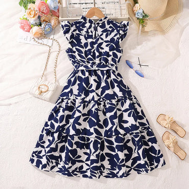 Girls Floral Flying Sleeve Princess Dress | Elegant A-Line Knee-Length Summer Dress Ages 7-15