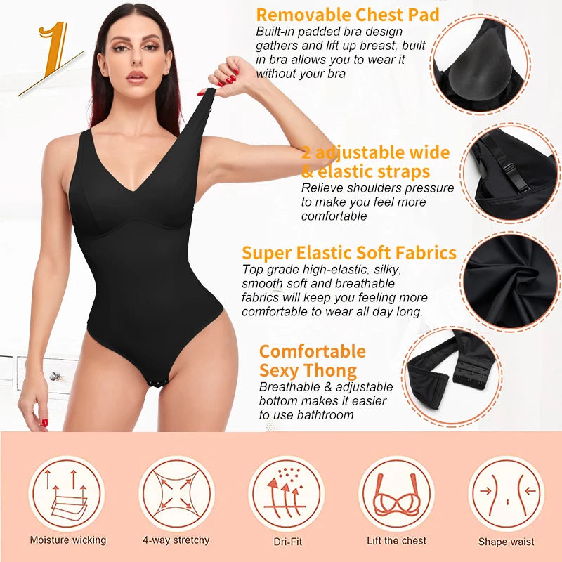 Women's Shapewear Bodysuit - V Neck Waist Trainer with Thong Design