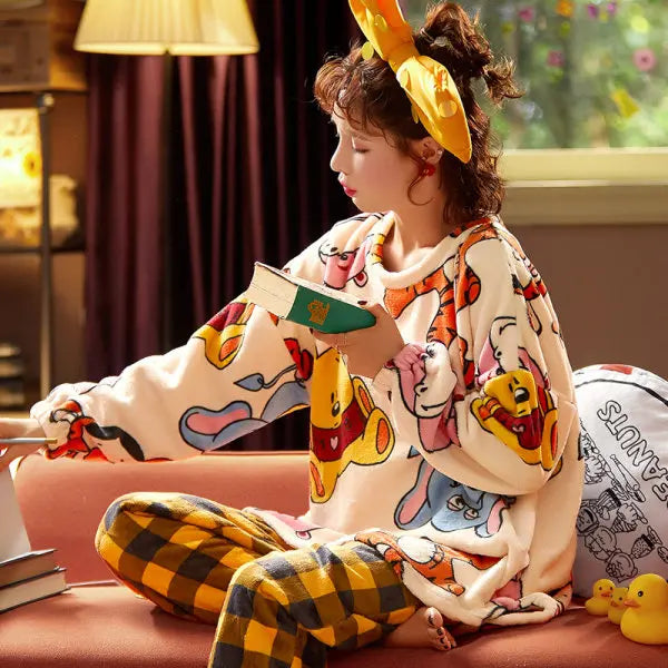 Women's Sleepwear Winter Christmas Warm Flannel Fleece Soft Pajamas With Long Sleeves Waistband Pant Girls' Sleepwear