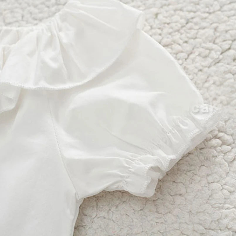 Baby & Toddler Girls Ruffle Collar Cotton Blouse | Short Sleeve, White, Ages 12M–4T