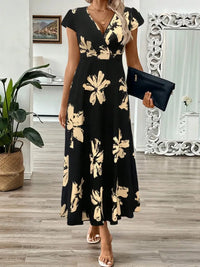 Deep V-Neck Printed Maxi Dress | Sexy Slim High Waist Short Sleeve Women's Summer Dress