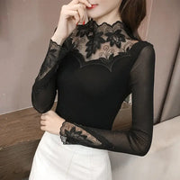 Mesh Lace Embroidered Long Sleeve Top – Sheer Gauze Women's T-Shirt