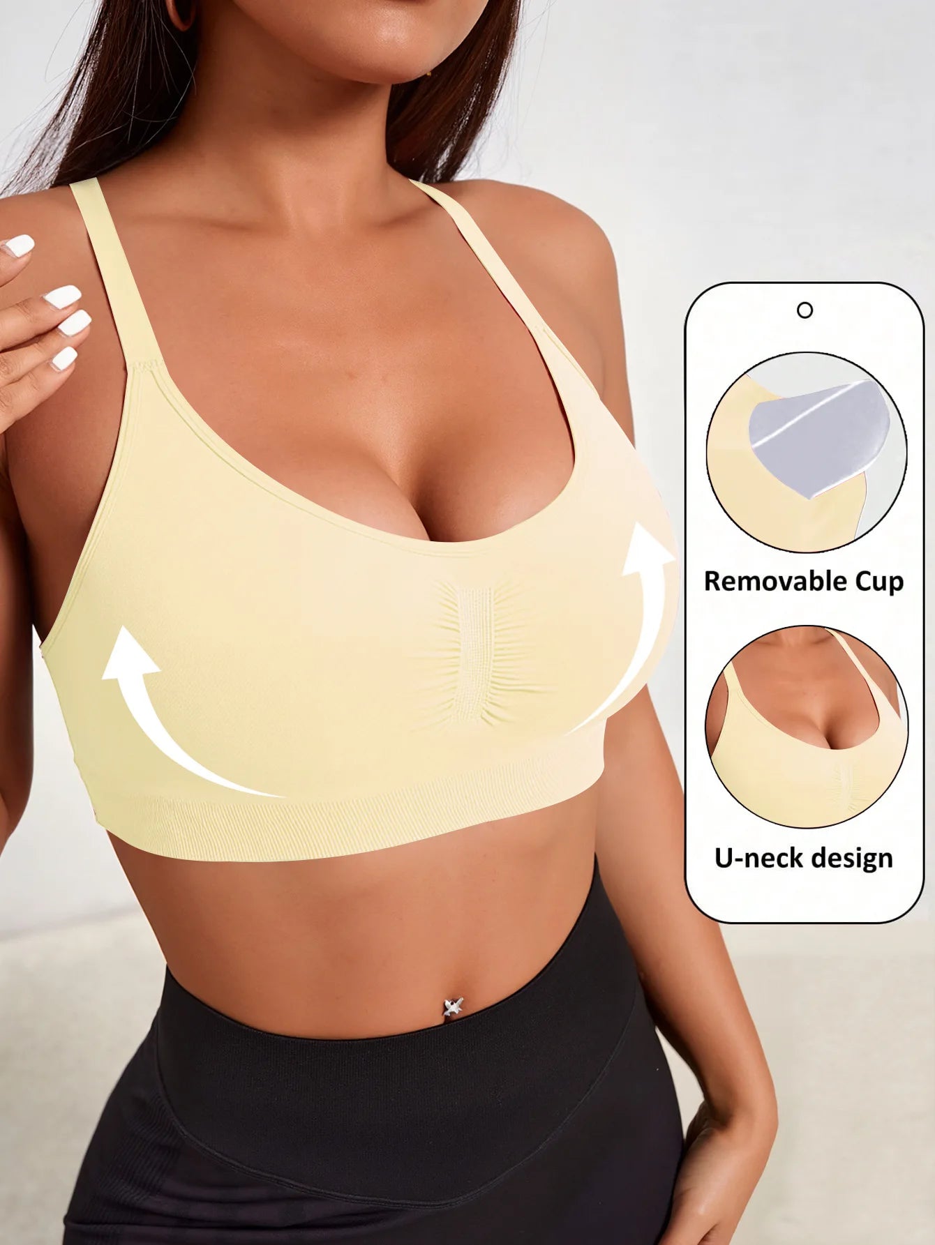 High Support Seamless Yoga Bralette – Wire-Free Ruched Push-Up Sports Bra for Women