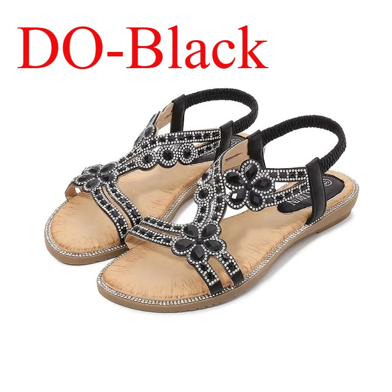Women's Flower Diamond Flat Sandals - Cushioned Beach Slip-On Sandals