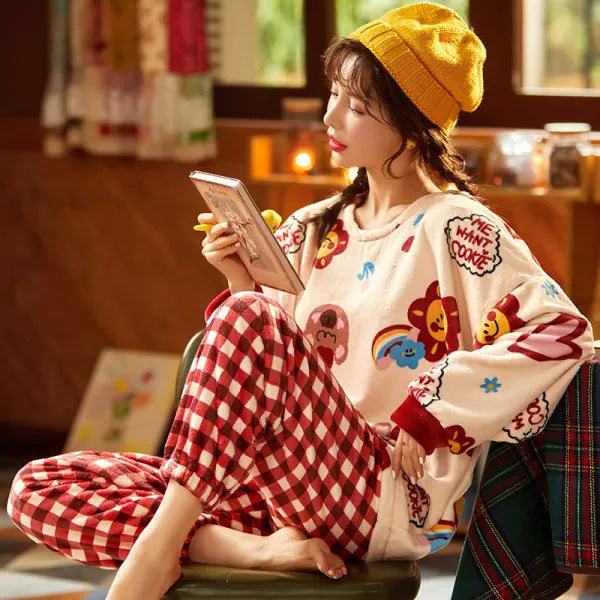 Women's Sleepwear Winter Christmas Warm Flannel Fleece Soft Pajamas With Long Sleeves Waistband Pant Girls' Sleepwear