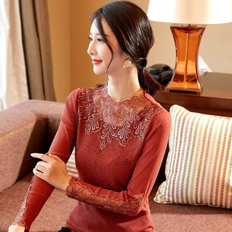 Women's Solid Color Lace Long Sleeve T-Shirt – Slim Fit O-Neck Top