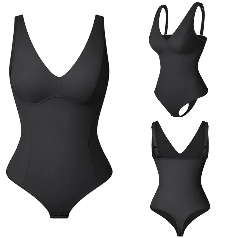 Women's Shapewear Bodysuit - V Neck Waist Trainer with Thong Design