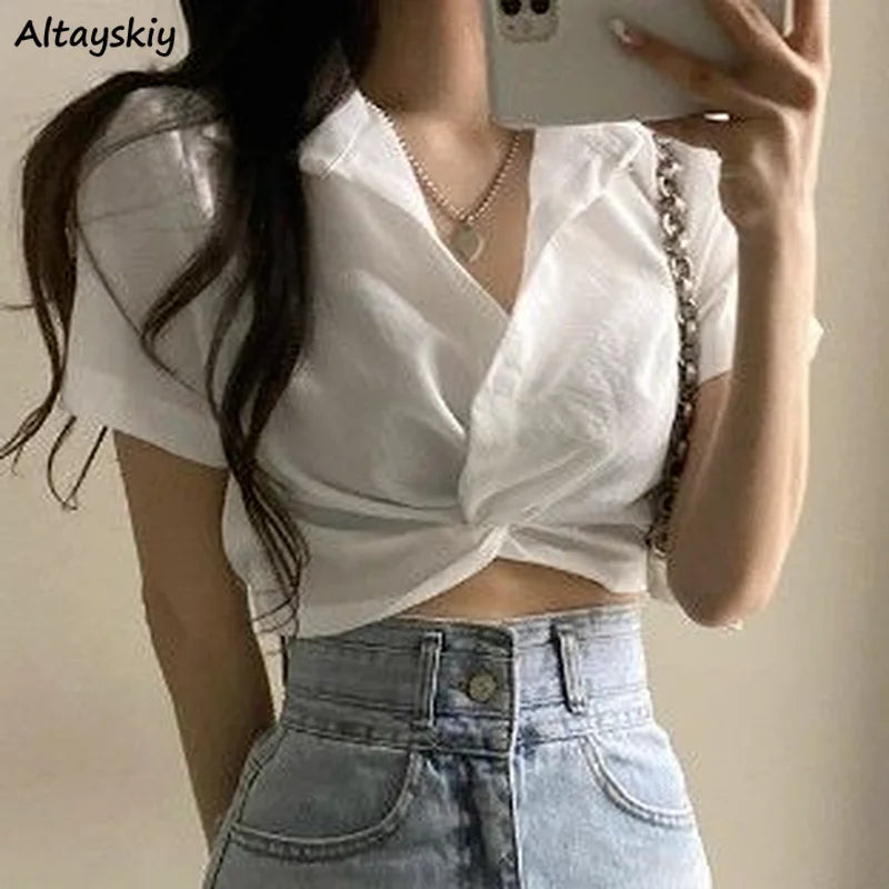 Turn-Down Collar Short Sleeve Slim Blouse – Korean Ulzzang Women's Casual Top