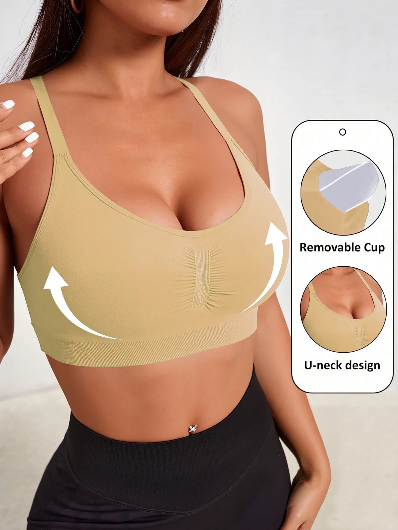 High Support Seamless Yoga Bralette – Wire-Free Ruched Push-Up Sports Bra for Women