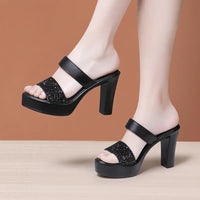 Xuanhui Fashion Silver Glitter Sparkly Two Strap Platform High Heel Ladies Sandals and slippers for Wedding Party Dress Shoes