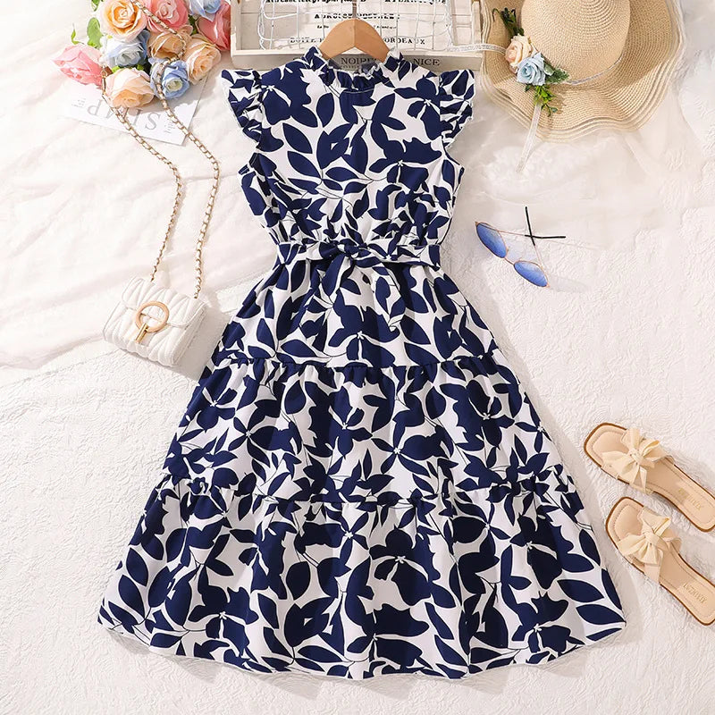 Girls Floral Flying Sleeve Princess Dress | Elegant A-Line Knee-Length Summer Dress Ages 7-15