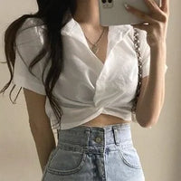 Turn-Down Collar Short Sleeve Slim Blouse – Korean Ulzzang Women's Casual Top