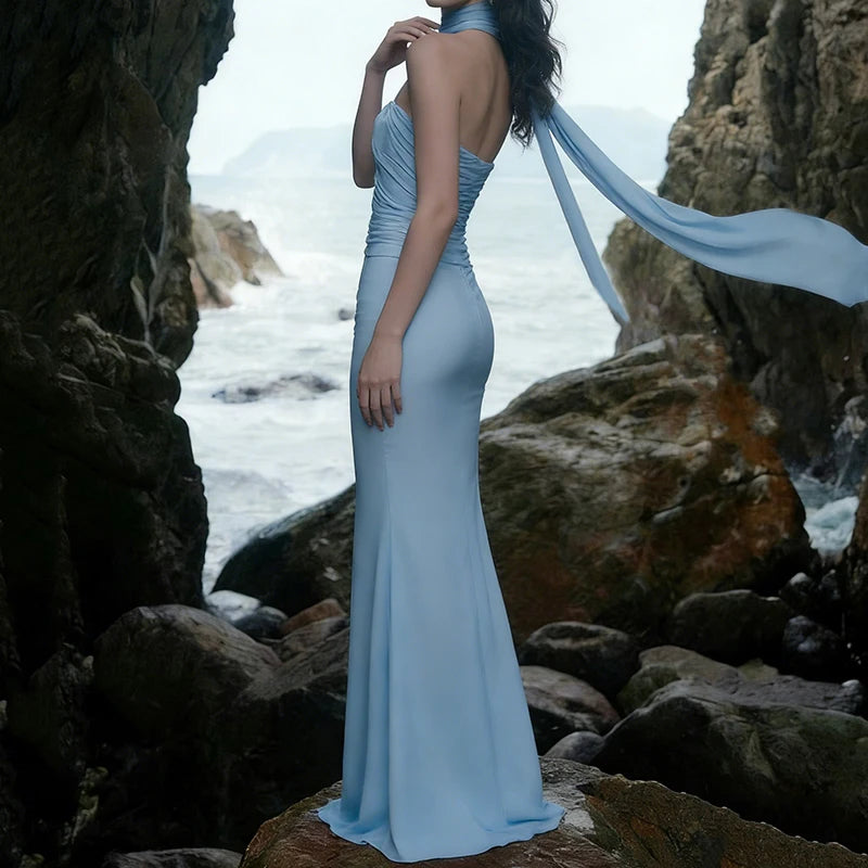 Blue Strapless Ruched Maxi Dress - Sweetheart Neckline Party Gown