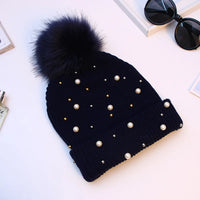 Gorro Invierno Mujer con Pompones y Perlas - Beanie Lana Tejido Cálido y Elegante