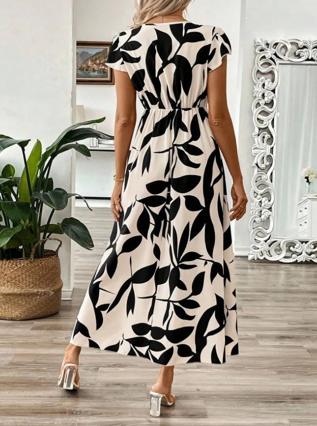 Deep V-Neck Printed Maxi Dress | Sexy Slim High Waist Short Sleeve Women's Summer Dress