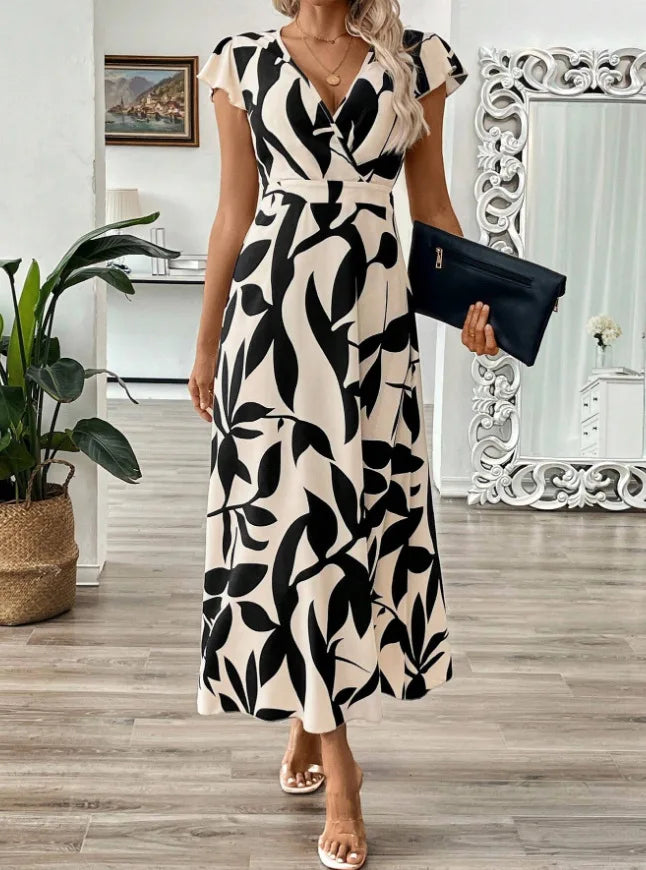 Deep V-Neck Printed Maxi Dress | Sexy Slim High Waist Short Sleeve Women's Summer Dress