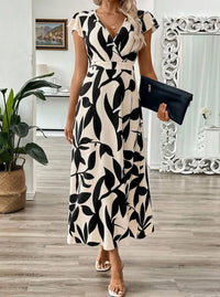 Deep V-Neck Printed Maxi Dress | Sexy Slim High Waist Short Sleeve Women's Summer Dress