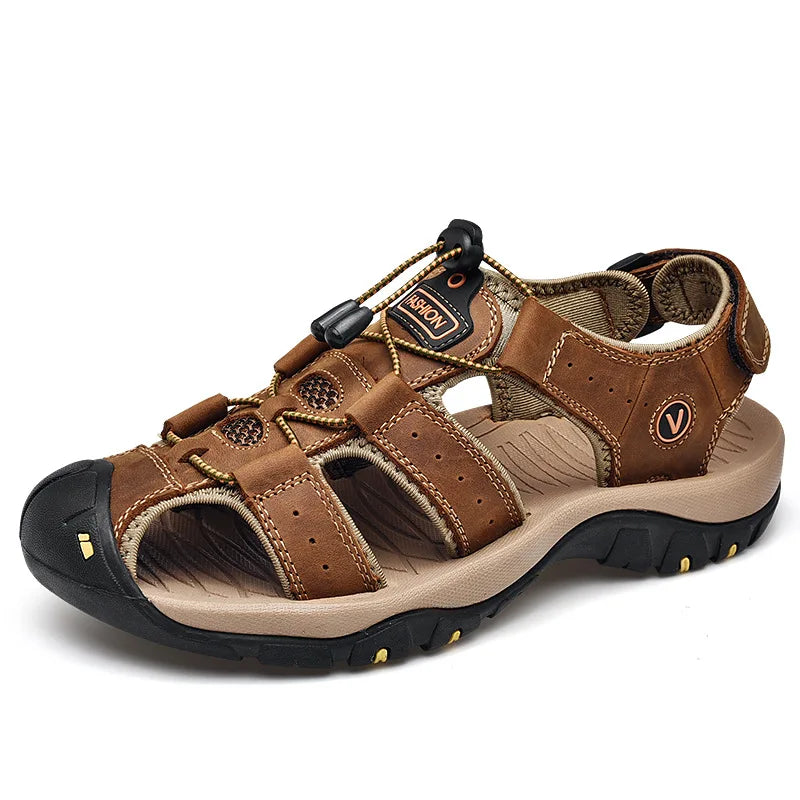 Men's Genuine Leather Outdoor Sandals - Closed-Toe Breathable Summer Shoes