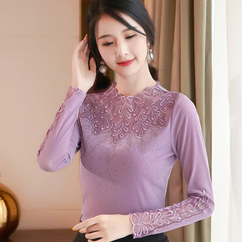 Women's Solid Color Lace Long Sleeve T-Shirt – Slim Fit O-Neck Top