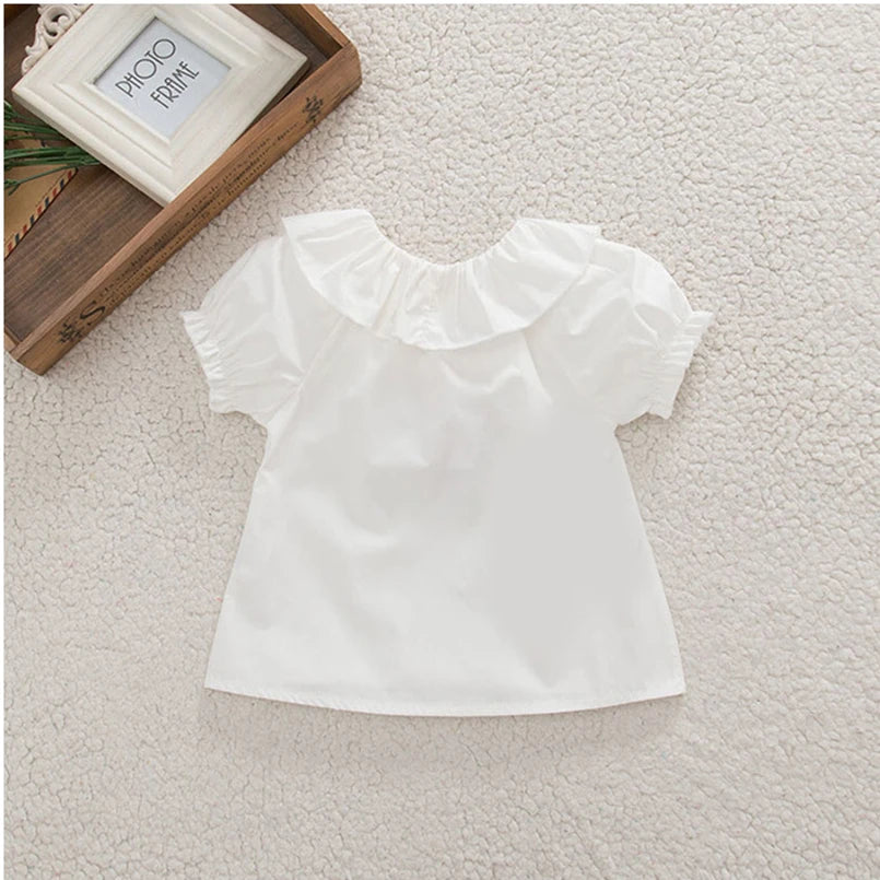 Baby & Toddler Girls Ruffle Collar Cotton Blouse | Short Sleeve, White, Ages 12M–4T