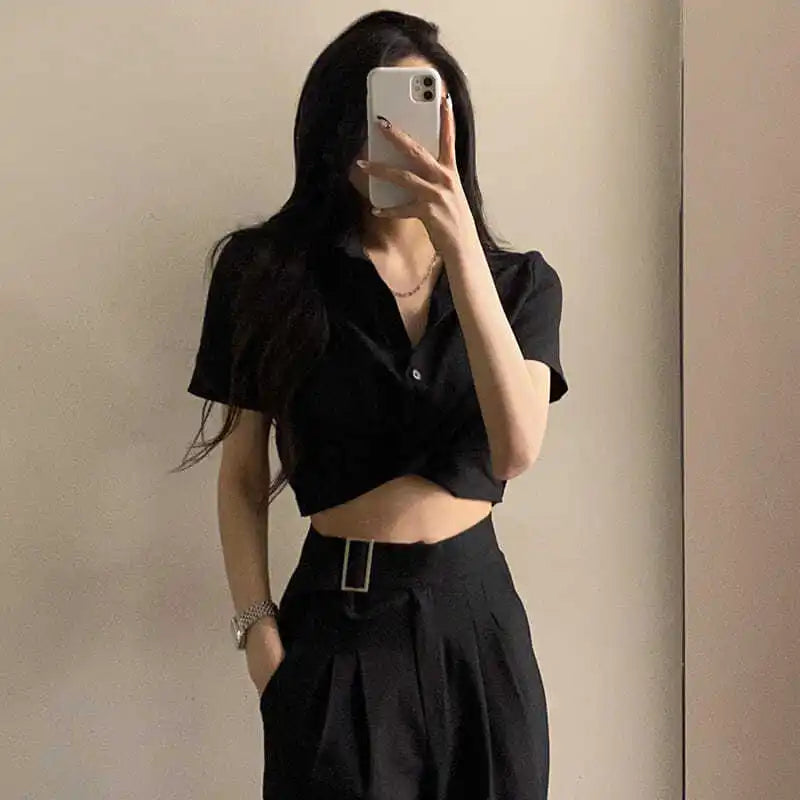 Turn-Down Collar Short Sleeve Slim Blouse – Korean Ulzzang Women's Casual Top