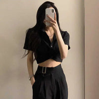 Turn-Down Collar Short Sleeve Slim Blouse – Korean Ulzzang Women's Casual Top