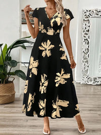 Deep V-Neck Printed Maxi Dress | Sexy Slim High Waist Short Sleeve Women's Summer Dress