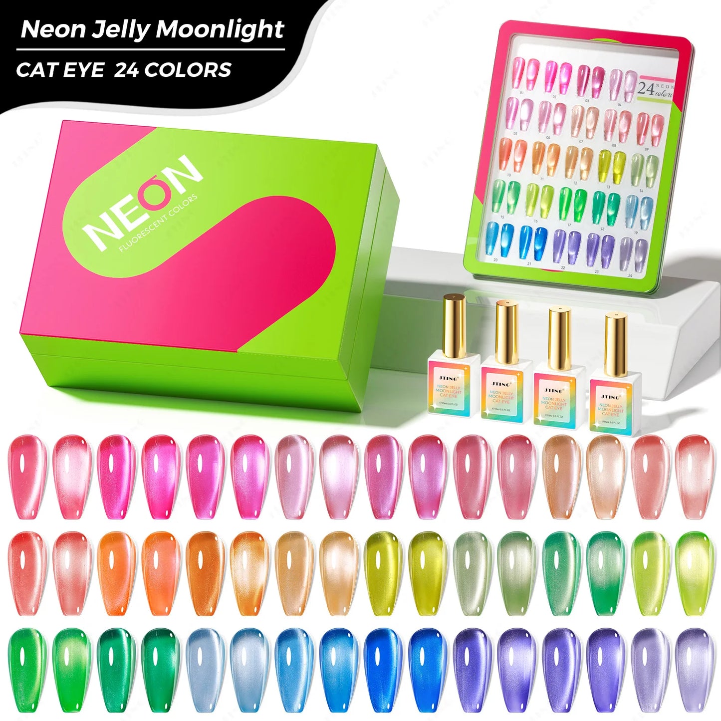 24-Color Neon Jelly Cat Eye Gel Polish Set — Moonlight Glitter, Vegan & HEMA-Free, 15ml