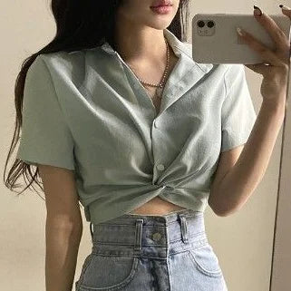Turn-Down Collar Short Sleeve Slim Blouse – Korean Ulzzang Women's Casual Top