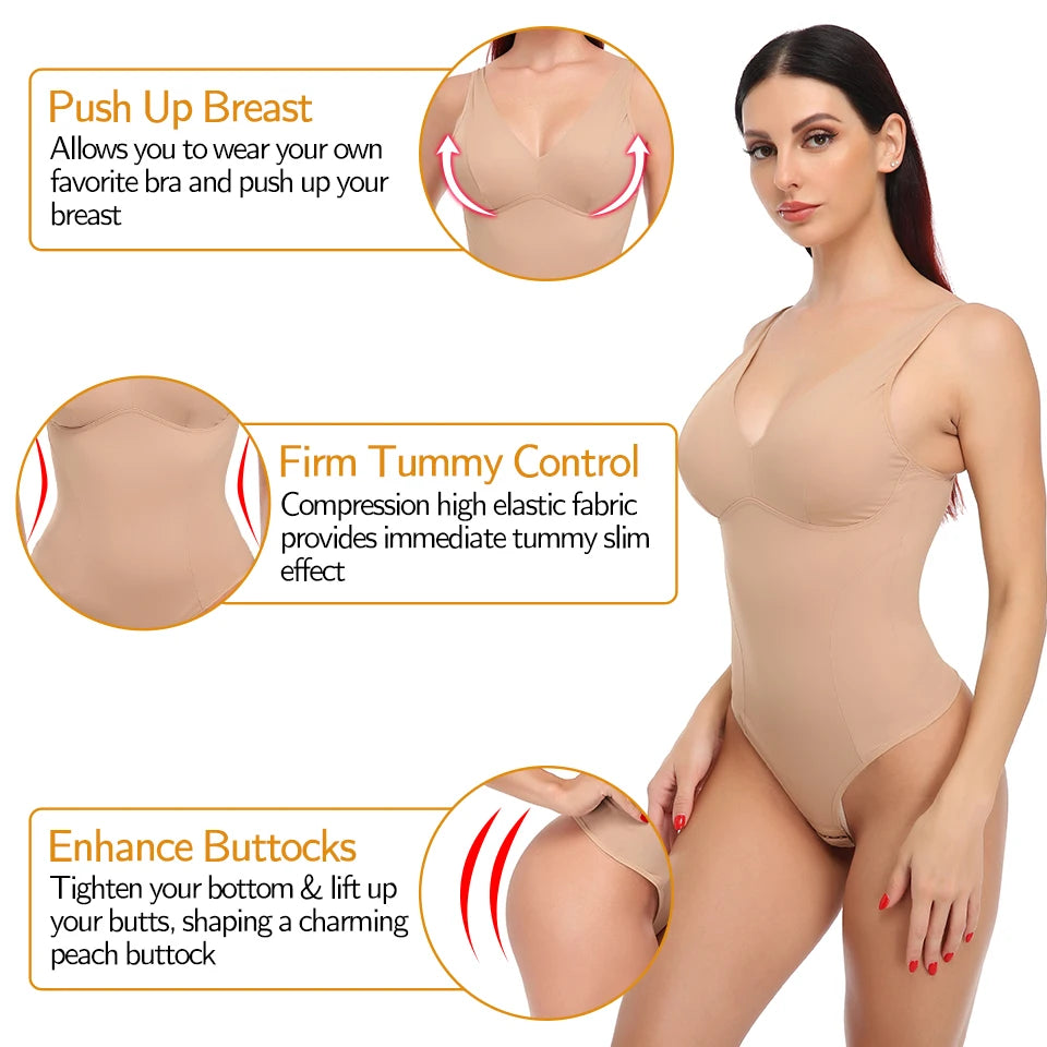 Shapewear Bodysuit for Women - Deep V Neck Waist Trainer with Built-in Bra