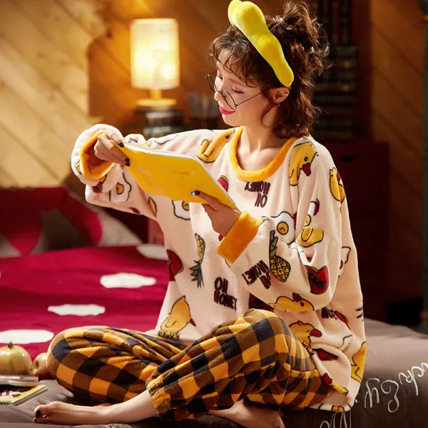Women's Sleepwear Winter Christmas Warm Flannel Fleece Soft Pajamas With Long Sleeves Waistband Pant Girls' Sleepwear