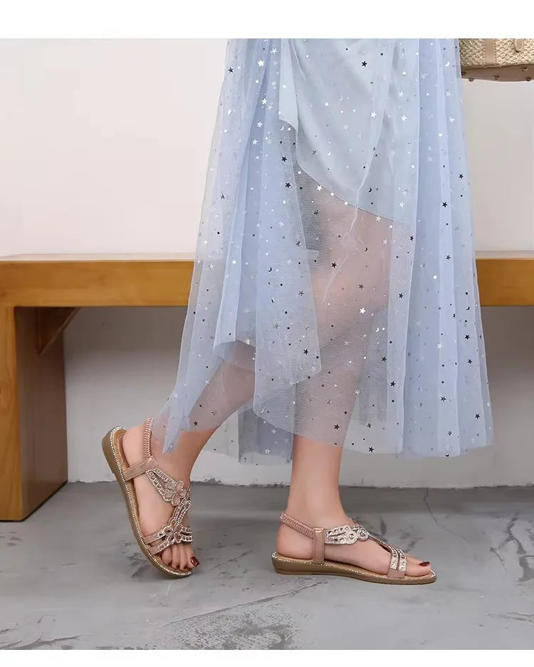 Women's Flower Diamond Flat Sandals - Cushioned Beach Slip-On Sandals