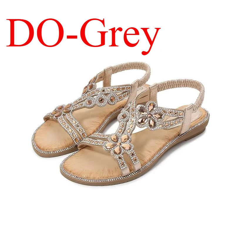 Women's Flower Diamond Flat Sandals - Cushioned Beach Slip-On Sandals
