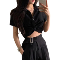 Cross-Front Turn-Down Collar Crop Blouse – Korean Chic Slim Fit Women's Summer Top