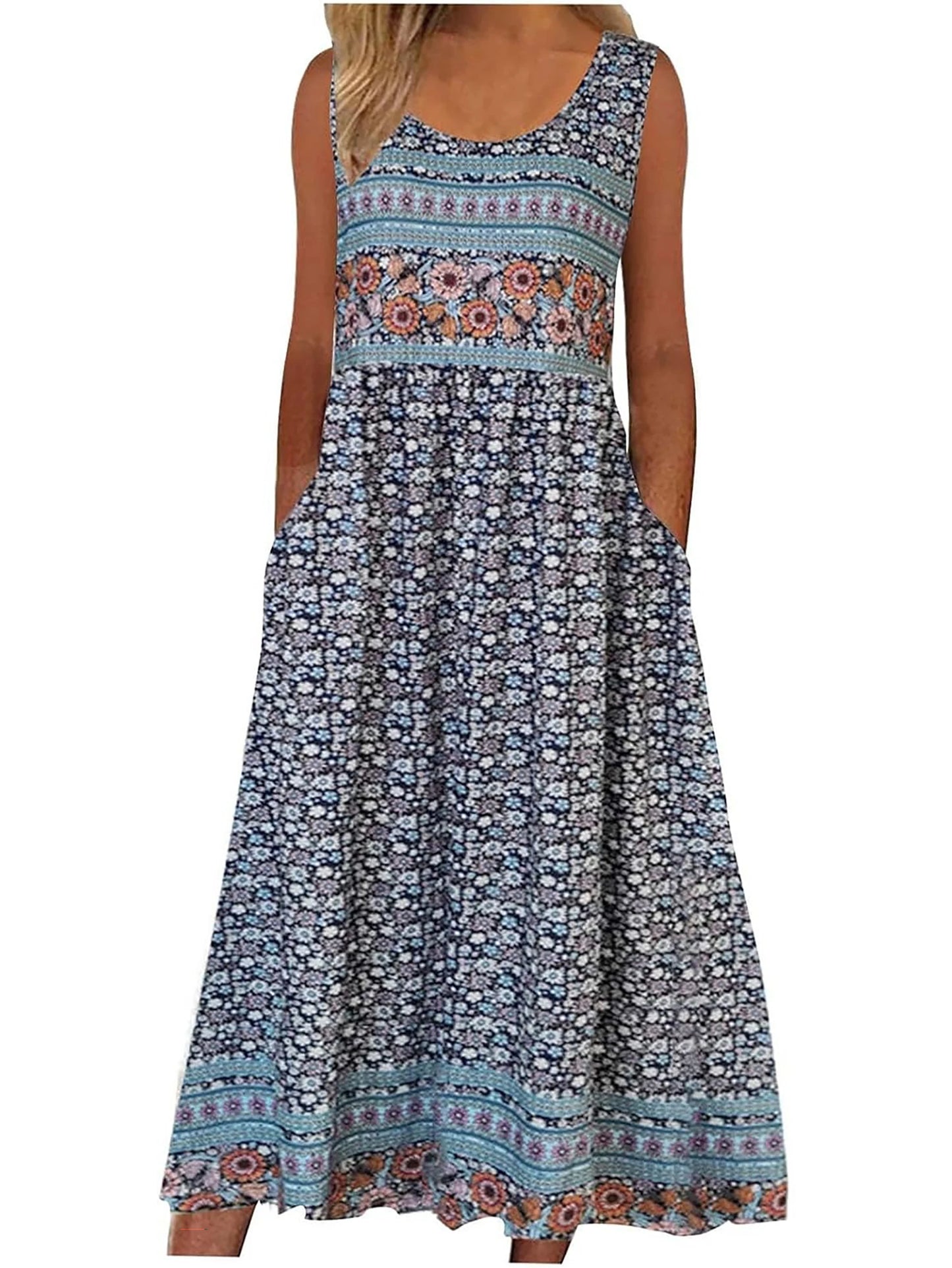 Bohemian Floral Sleeveless Midi Sundress with Pockets | Loose Casual Beach Women's Dress
