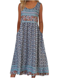 Bohemian Floral Sleeveless Midi Sundress with Pockets | Loose Casual Beach Women's Dress