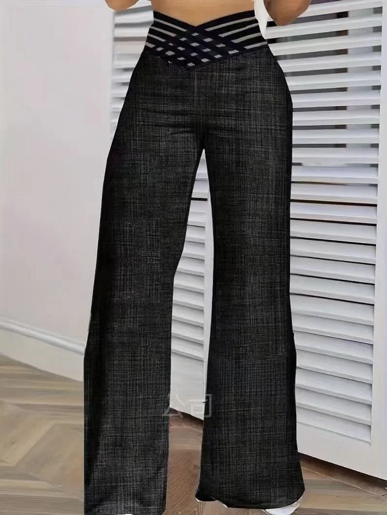 High Waist Loose Long Pants Wide Leg Pants Hollow out Belt Casual Loose Fit Ladies Fashion Polyester Fiber Printed