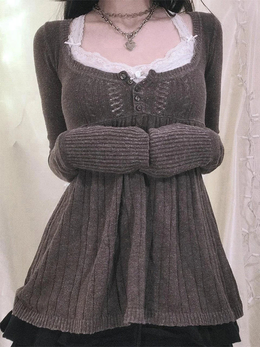 Elegant Women s Fall Knitwear Stylish Long Sleeve Tunic Sweater with Button Detail and Square Neckline