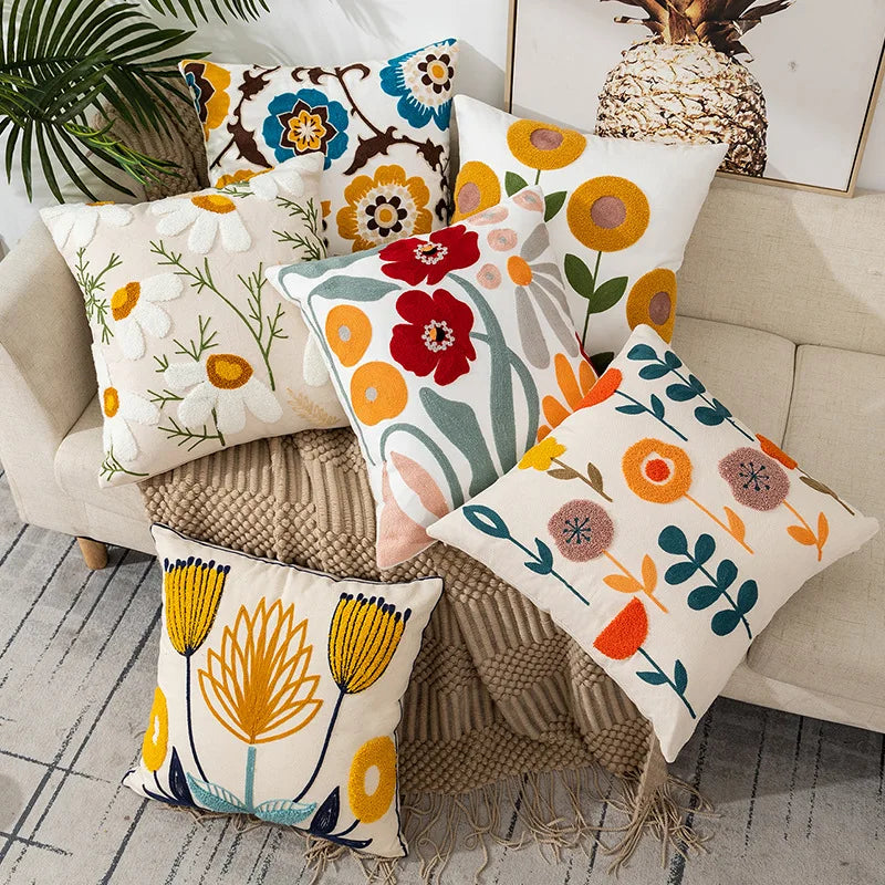 Floral Embroidered Cotton Pillow Cover - Rustic Decorative Cushion Case