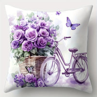 Purple Rose & Butterfly Pillow Cover Set of 4 | Floral Printed Cotton Cushion Cases
