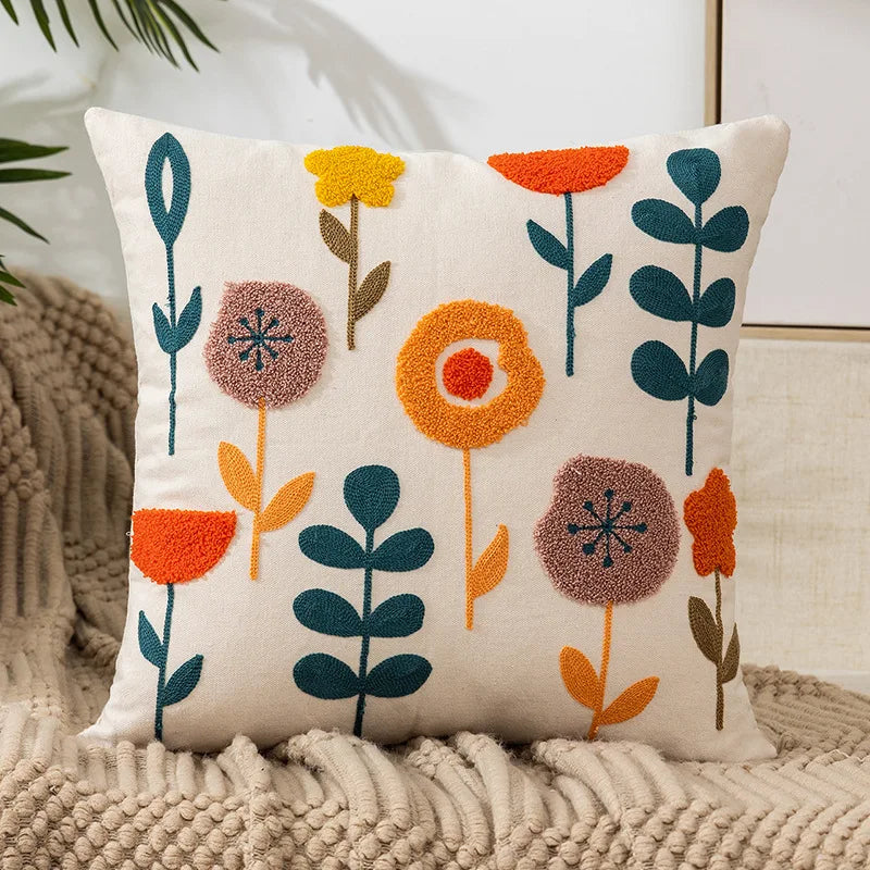 Floral Embroidered Cotton Pillow Cover - Rustic Decorative Cushion Case