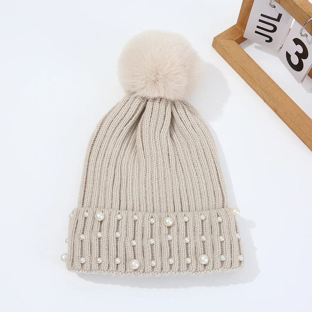 Gorro de Invierno con Pompón y Perlas - Gorro Tejido Cálido para Mujer