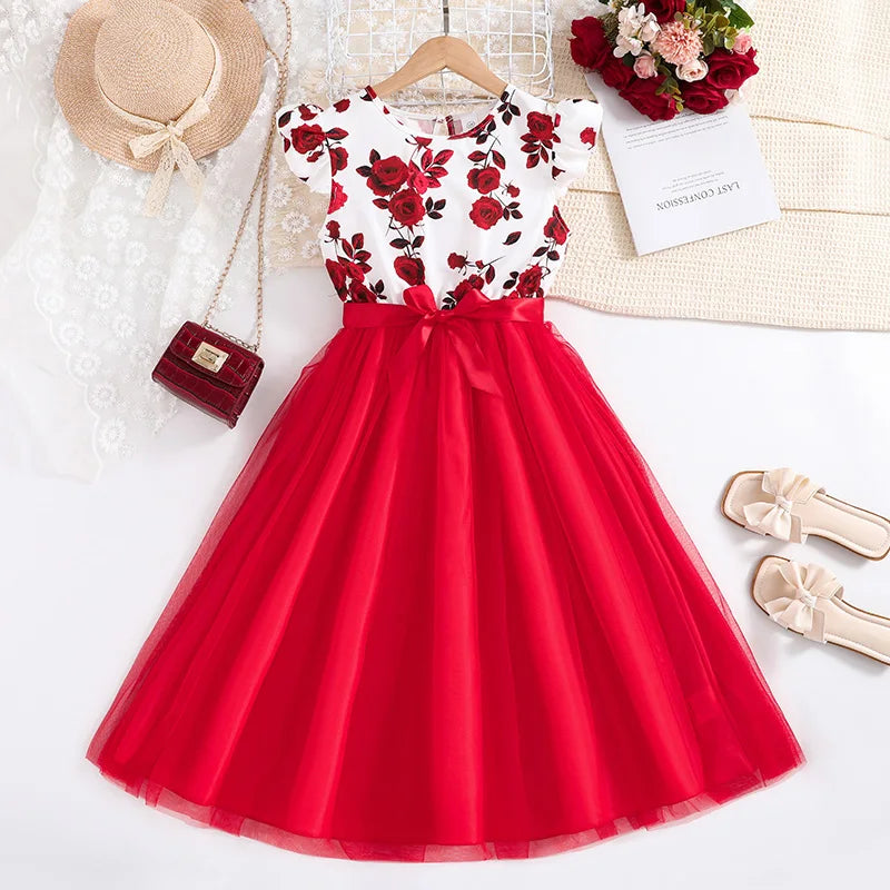 Girls Floral Princess Dress with Belt - Ruffled Sleeve Tulle Formal Dress