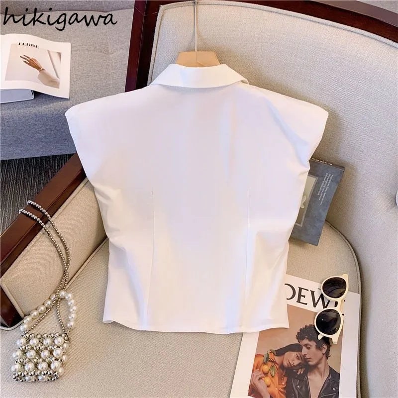 V-Neck Bow Sleeveless Crop Blouse – Korean Temperament Slim Fit Women's Summer Top