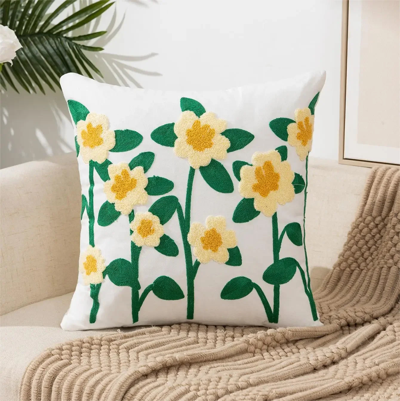 Floral Embroidered Cotton Pillow Cover - Rustic Decorative Cushion Case