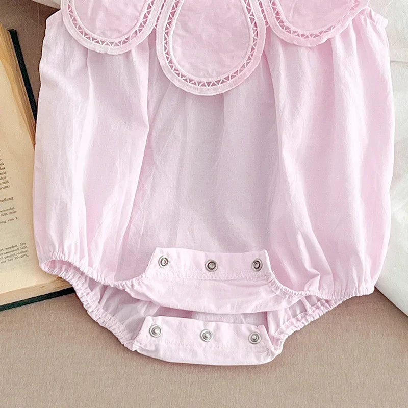Baby Girls Petal Collar Cotton Romper | Sleeveless Patchwork Jumpsuit, Ages 0–24M