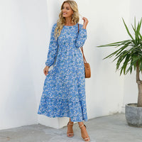 Vestido Maxi Mujer Bohemio - Manga Larga Cintura Alta Estampado Floral Chiffon Playa