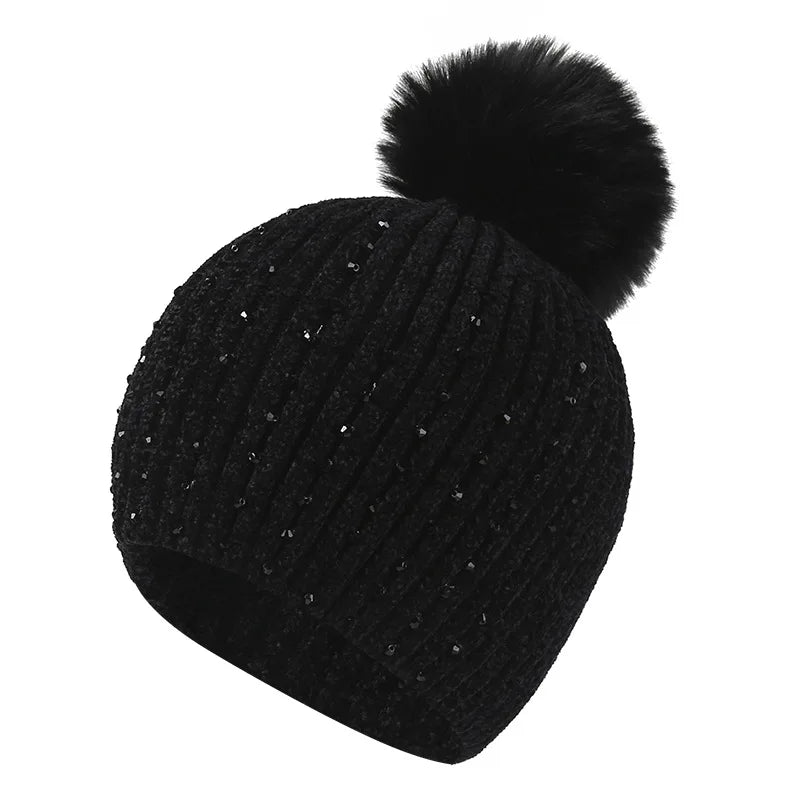 Gorro Invierno Mujer con Pompones y Perlas - Beanie Lana Tejido Cálido y Elegante