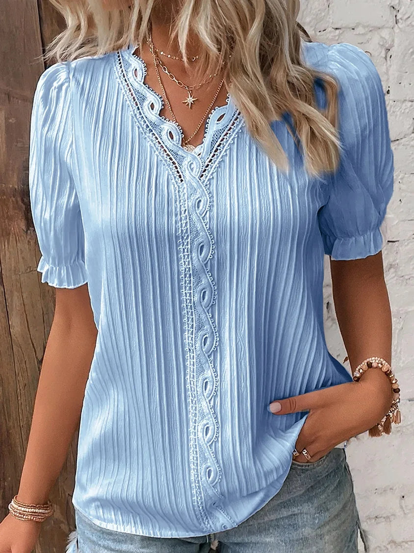 V-Neck Hollow Short Sleeve Blouse – Solid Chiffon Loose Fit Women's Top