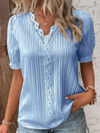 V-Neck Hollow Short Sleeve Blouse – Solid Chiffon Loose Fit Women's Top